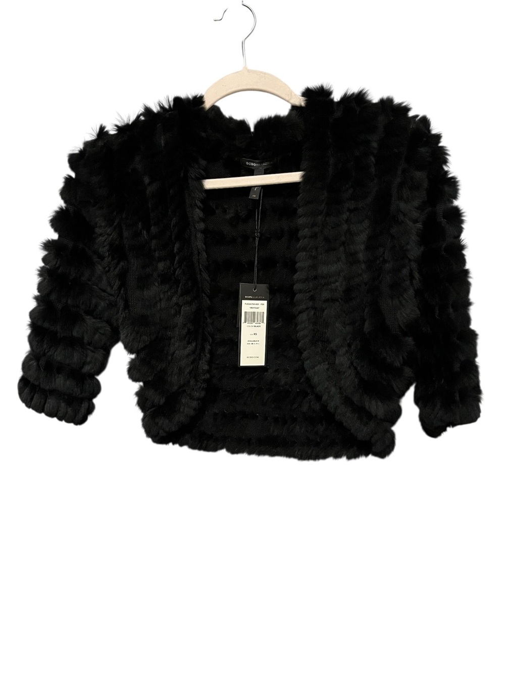 NWT BCBGMAXAZRIA Black Real Rabbit Fur Cropped Shrug Jacket XS